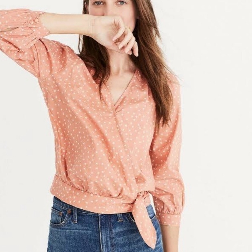 Madewell Pink Polka Dot Wrap Blouse